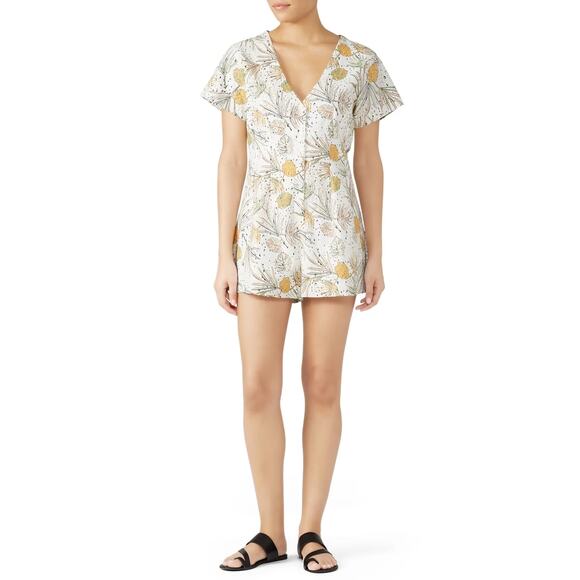 MINKPINK Wild Coast Romper White Yellow Green Floral V-Neck Bohemian Casual M - Picture 1 of 9